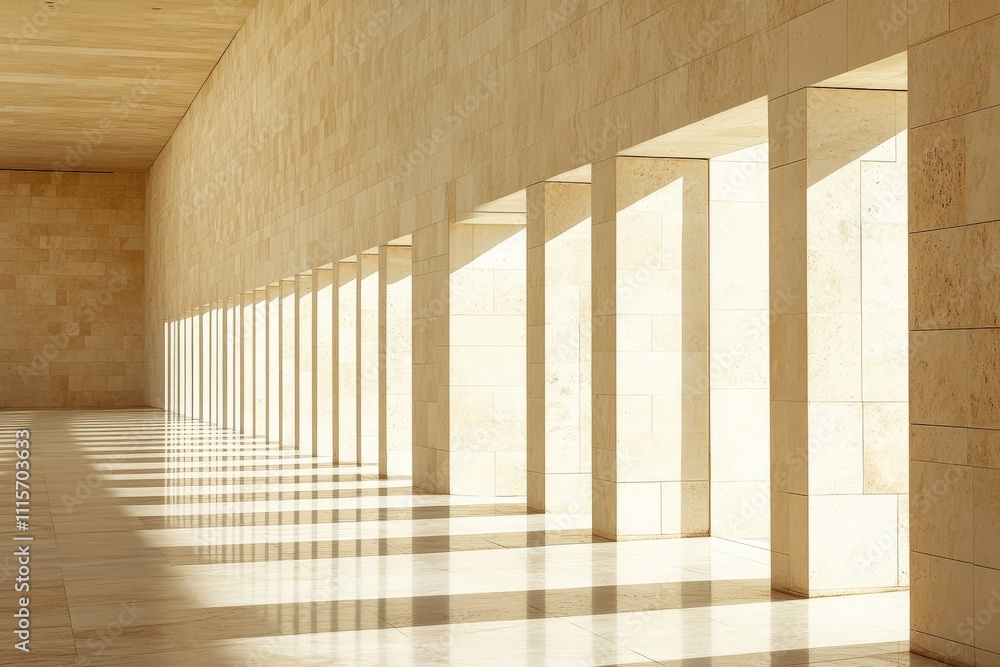 Poster a beautiful hallway with natural light casting sharp geometric shadows on the floor and walls, showc