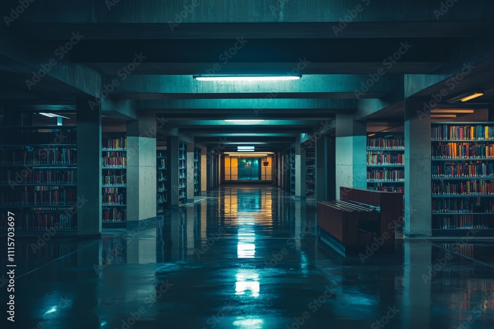 Poster this image showcases a dimly lit library hallway lined with rows of colorful bookshelves, evoking a 