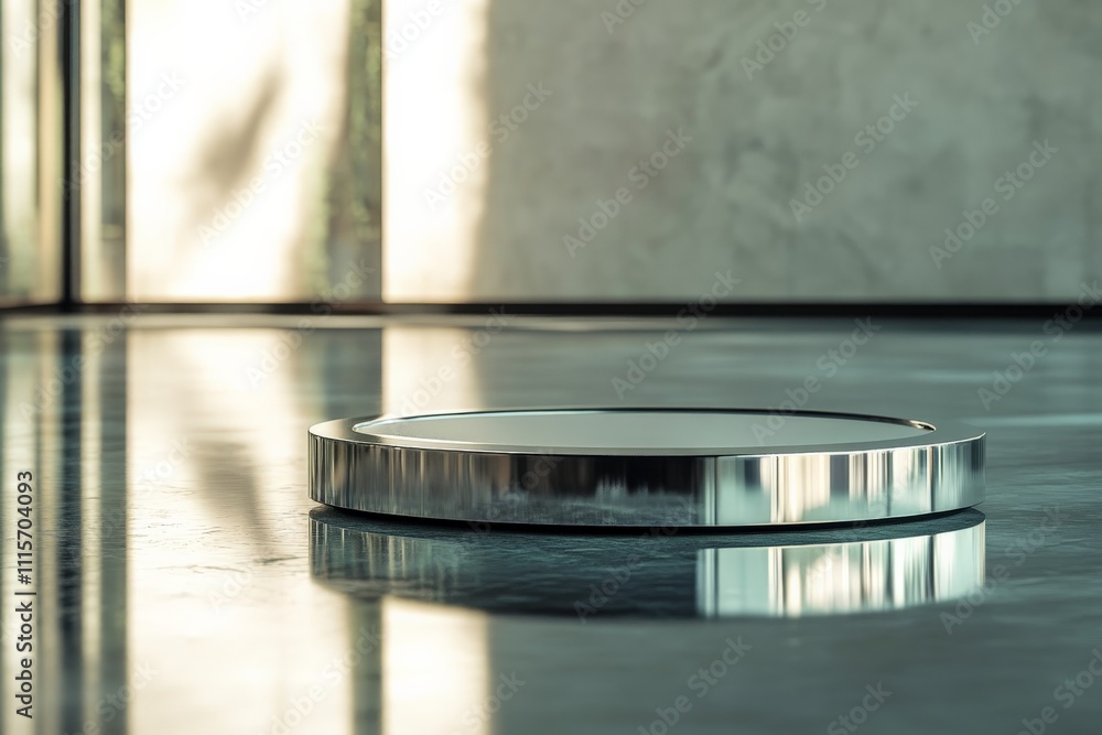 Aufkleber A polished, circular metallic object rests on a glossy, reflective surface in a bright, minimalistic room, creating a serene and futuristic ambiance.