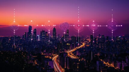 Fototapeta premium A sleek, tech-inspired design featuring 5G wireless network, data synchronization, cloud computing, and high-speed internet connectivity reflecting global business solutions and smart cities.