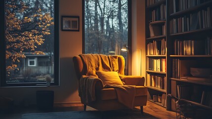 Cozy Weekend Vibes, Cozy Reading Nook with Warm Lighting and Bookshelves