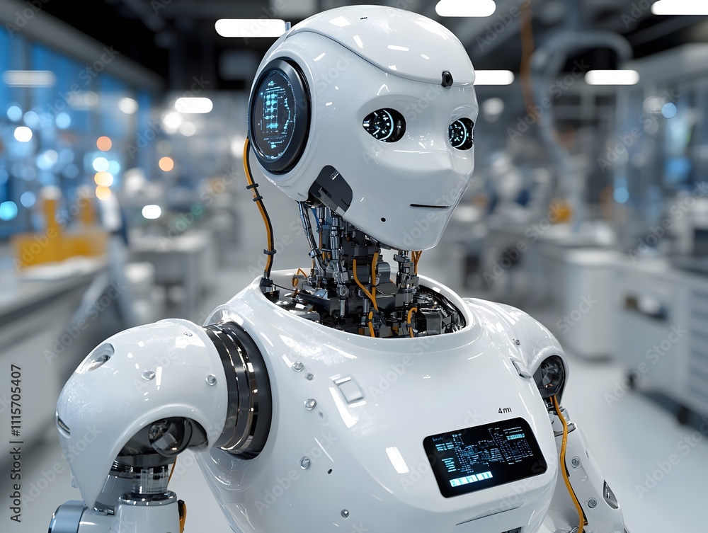Poster a humanoid robot with a sleek design in a high-tech laboratory setting.