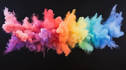 Fototapeta premium A dynamic display of vividly hued powder clouds blending together in midair, forming a rainbow-like burst on a black canvas 