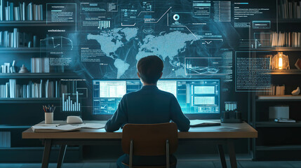 A kid boy learns online using futuristic technology. The concept of the integration of advanced digital tools in education, and learning experiences for the future generation. Generative AI.