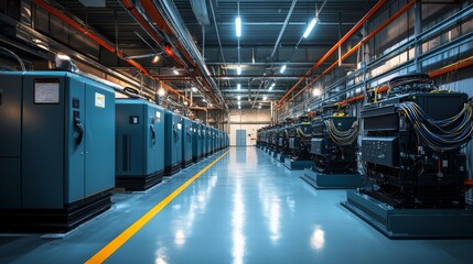 Fototapeta premium Organized welllit industrial generator installation room with large units