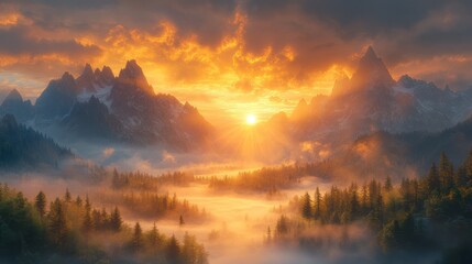 Naklejka premium Majestic sunset over misty mountain valley.