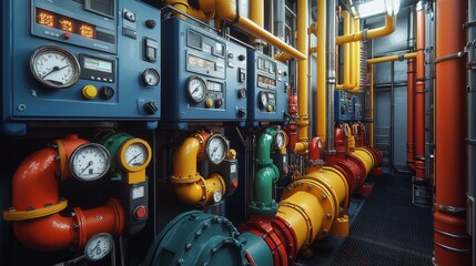 Obraz premium Neatly organized industrial generator room with colored components and controls