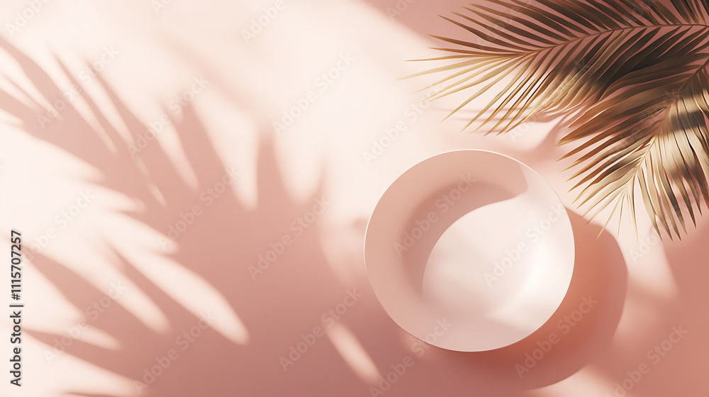 Poster neutral textured flatlay of a white plate with palm shadows on a peach background in a minimalist se
