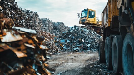 A view of a scrapyard with piles of metal and machinery.