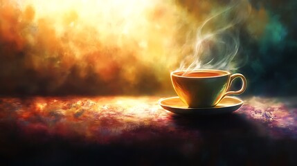 Fototapeta premium Cozy Weekend Vibes, Steaming Cup of Tea on Cozy Tabletop