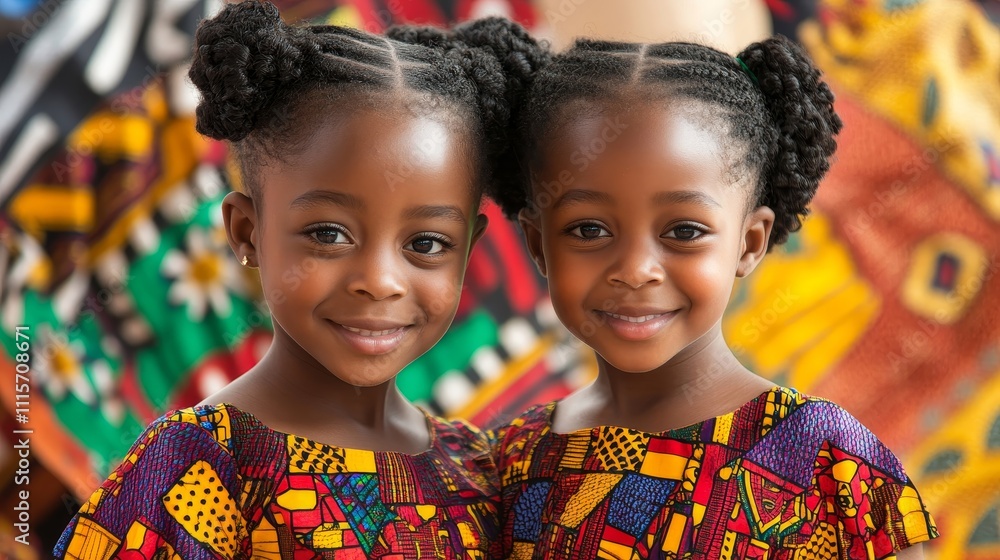 Wall mural Capturing the Essence of Ghana: Twin Girls in Kente Cloth Amidst Bustling City with Vibrant Cultural Patterns and Soft Smiles