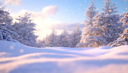 Fototapeta premium Abstract winter blurry background with snowy forest. Morning colors banner. Happy New year and Christmas background for banners, flyers and greeting cards. 