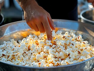 A hand reaching into a bowl of freshly popped popcorn.