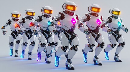 A group of futuristic robots running in unison, showcasing advanced technology and design.