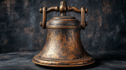 Fototapeta premium A large, antique-looking, dark-bronze bell sits on a dark surface.