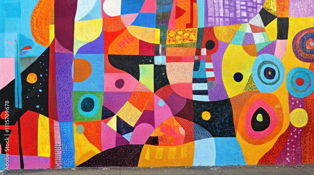 Aufkleber a vibrant wall filled with abstract shapes and patterns that represent the diversity and vibrancy of