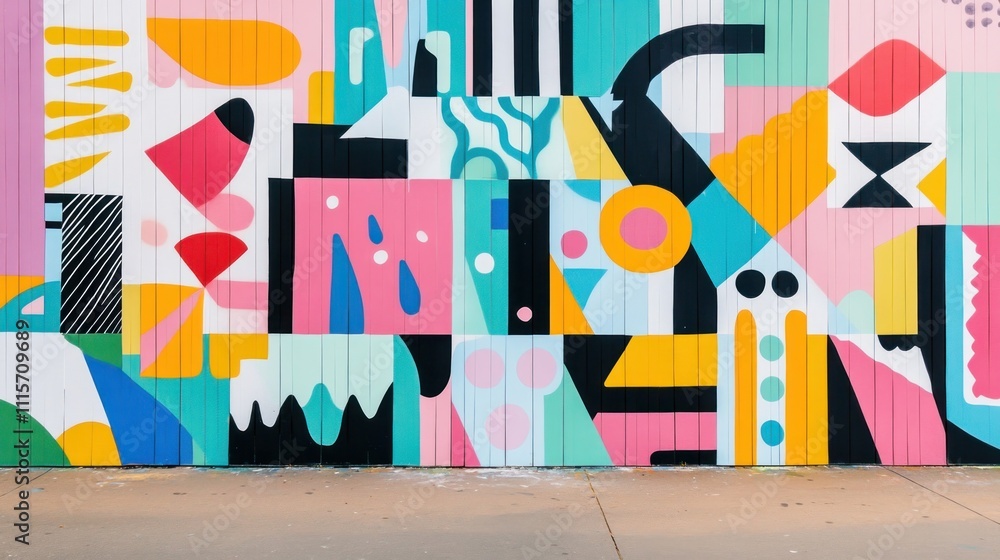 Poster a vibrant wall filled with abstract shapes and patterns that represent the diversity and vibrancy of