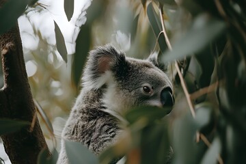 A close-up of a koala nestled among eucalyptus leaves.