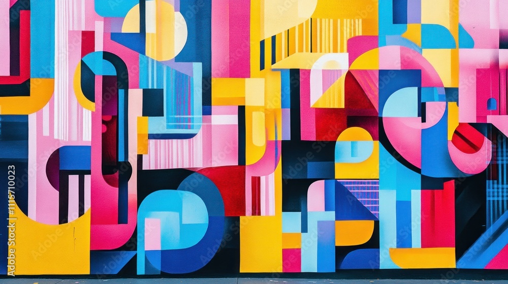 Poster a vibrant wall filled with abstract shapes and patterns that represent the diversity and vibrancy of