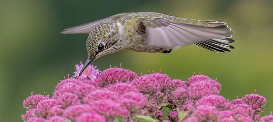 Hummingbird hovering over flower soft fluttering wings vibrant watercolor style soft pinks and greens