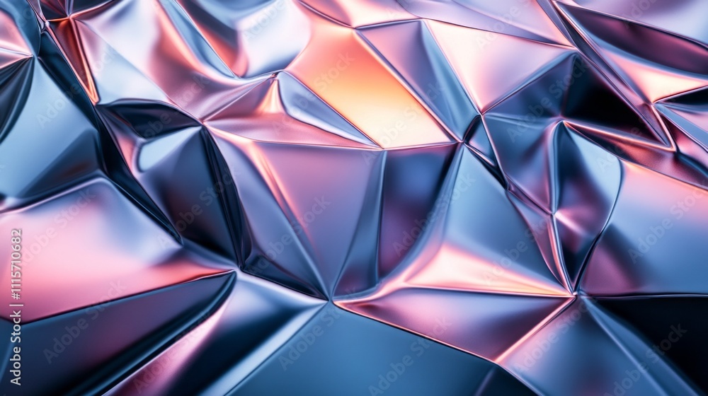 Poster A captivating display of intricate textures and reflections emerges from layered metallic surfaces, illuminated by soft hues of pink and blue light