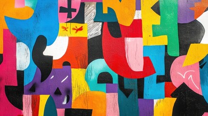 A vibrant wall filled with bold, colorful graffiti tags and abstract shapes, representing the energy of street culture.