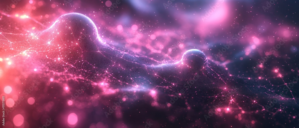 Poster abstract cosmic scene with vibrant colors and interconnected forms.
