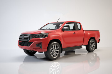 Red pickup truck sits on reflective surface in studio. © Waypixel