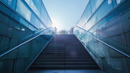 Obraz premium Modern Glass Staircase Ascending Towards Sunlight