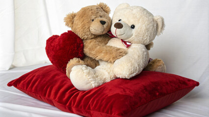 Cuddly teddy bears on red pillow for Valentine Day