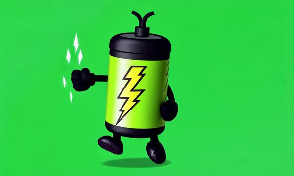 A character shaped like a rechargeable battery with lightning bolt patterns