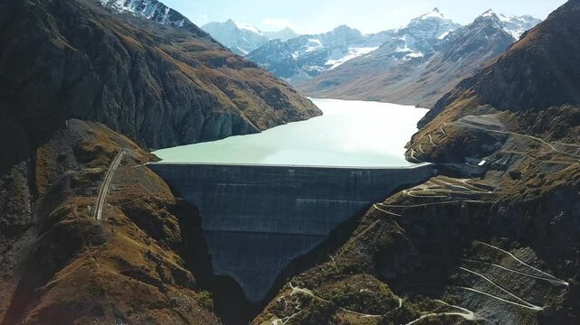 Drone footage of the Grande Dixence Dam, in the canton Valais, Switzerland.