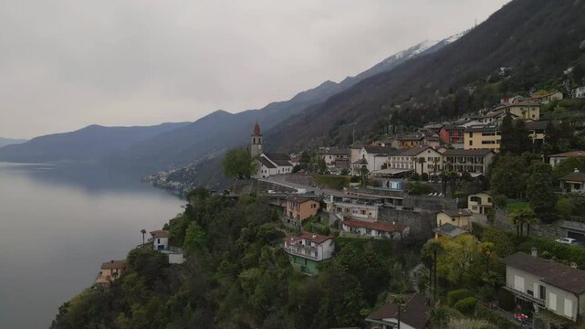 Aerial perspective of the town of Ronco sopra Ascona, Ticino, Switzerland.