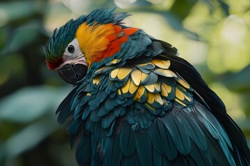 Obraz premium A colorful parrot with vibrant feathers perched amidst green foliage.