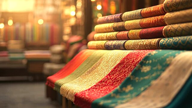 Bustling Indian Fabric Store with Colorful Textiles