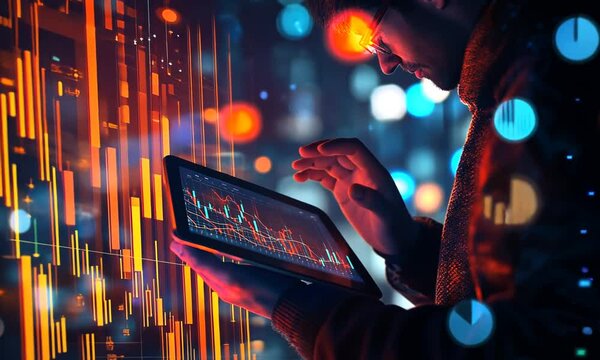 A person analyzing data on a tablet amidst a vibrant, digital backdrop.