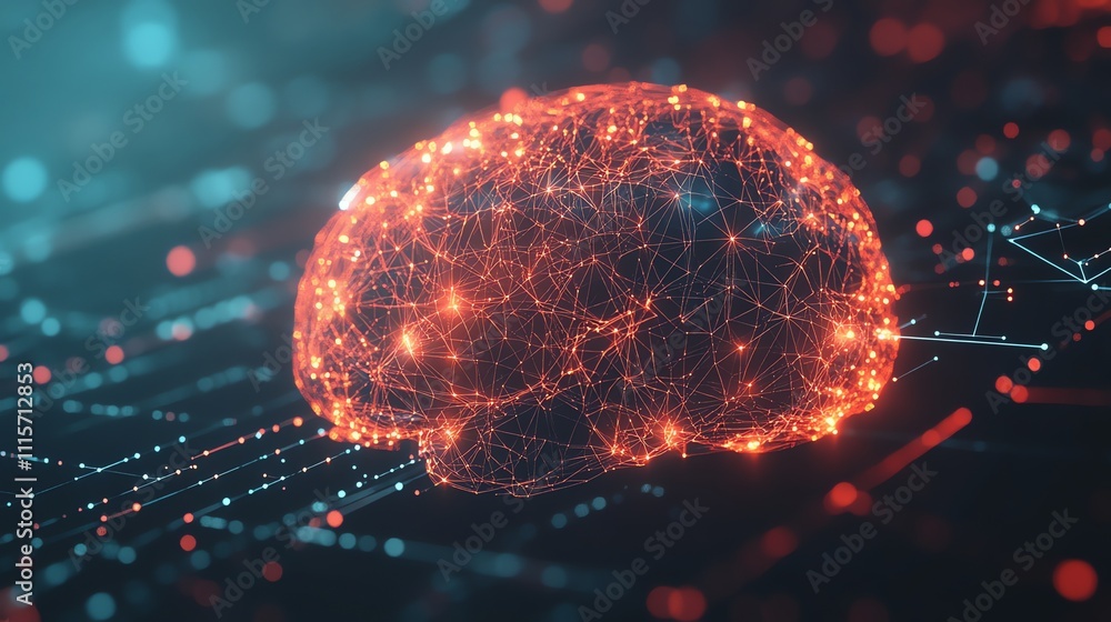 Aufkleber a digital rendering of a human brain with glowing circuitry.