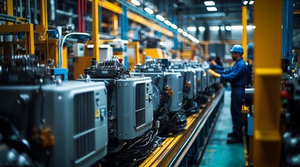 Fototapeta premium Industrial factory generators inspected by technicians in professional setup
