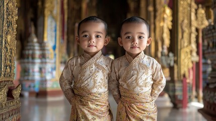 Fototapeta premium Serene Burmese Twin Boys in Longyi Amid Intricate Temple Patterns