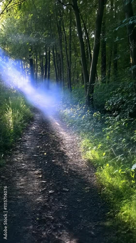 Aufkleber sunlight shines through trees along a tranquil forest path creating a serene atmosphere in nature