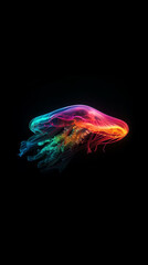 Fototapeta premium Phone wallpaper: glowing jellyfish with vibrant colors floating in the dark, minimalist design, black background, simple lines and shapes, neon light effect