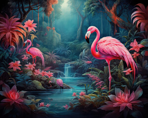Tropical Flamingos in Jungle Waterfall Scene Wall Art