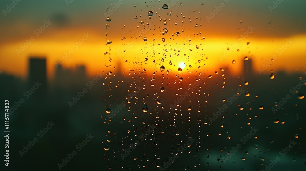 Poster sunset through raindrops on a window, creating a serene atmosphere.