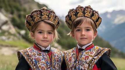 Proud Andorran Twin Children Embracing Heritage in Folk Costumes Against Pyrenees Landscape with Traditional Patterns