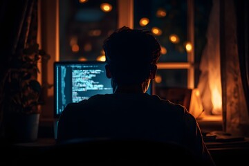 Obraz premium A person coding at night, illuminated by a computer screen and warm ambient lights.