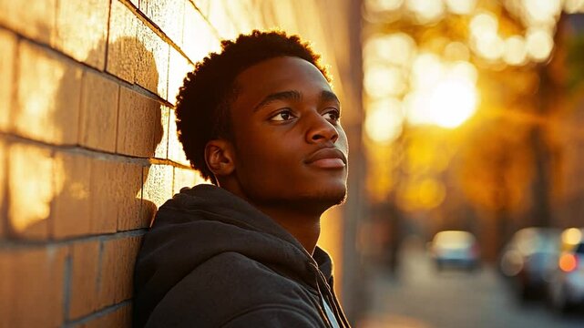  Young Black man leans against a brick wall, lost in thought as the warm sunset light bathes him. A portrait conveying contemplation and quiet strength. 