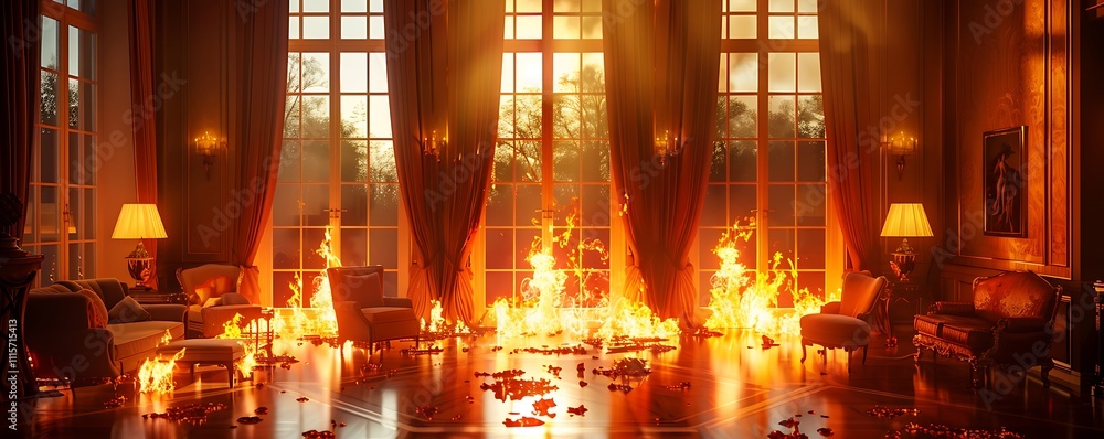 Wall mural Ultra realistic scene of a living room fire, large windows with burning curtains, armchairs and furniture ablaze in an elegant house, cinematic lighting.