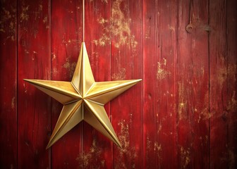 Naklejka premium Minimalist 3D Golden Christmas Star Ornament Against Vintage Red Wall with Copy Space for Holiday Greetings and Seasonal Decor
