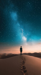Fototapeta premium Phone wallpaper: person standing in the desert under a starry sky, with sand dunes and footprints visible on the ground, conveying a sense of solitude and mystery