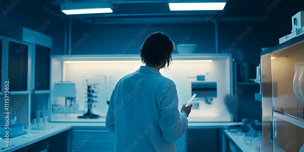 Poster a scientist in a lab, examining data on a device amid laboratory equipment.